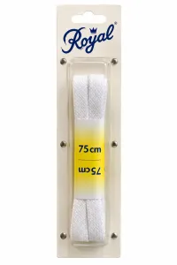 Royal vita platta skosnören, 75 cm långa, i originalförpackning mot vit bakgrund.