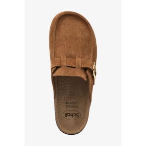 Ovanifrån-vy av Scholl Bora Moccasin tan, en brun mockatoffel som visar innersulan med Memory Cushion-logotypen och det dekorativa spännet.
