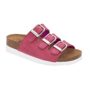 Scholl Rio sandal i fuxia med tre spännen, korksula och ergonomisk passform, perspektivvy.