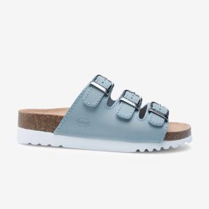 Scholl Rio sandal i ljusblå med tre spännen, korksula och ergonomisk passform, profilvy.