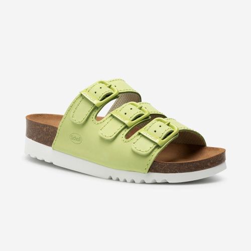 Scholl Rio sandal i ljusgrön med tre spännen, korksula och ergonomisk passform, perspektivvy