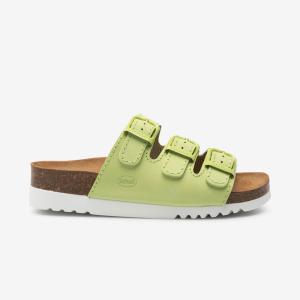 Scholl Rio sandal i ljusgrön med tre spännen, korksula och ergonomisk passform, profilvy
