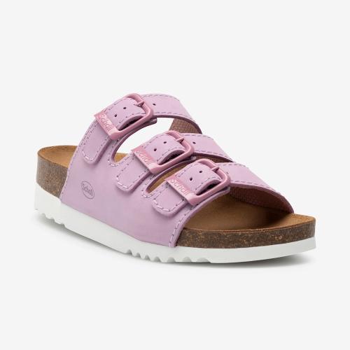 Scholl Rio sandal i ljusrosa med tre spännen, korksula och ergonomisk passform, perspektivvy.