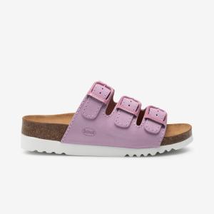 Scholl Rio sandal i ljusrosa med tre spännen, korksula och ergonomisk passform, profilvy.