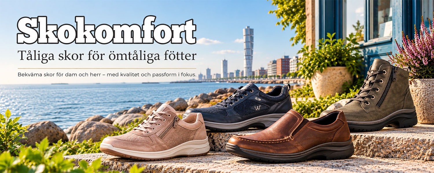 Hemsidesbanner för Skokomfort med texten ”Tåliga skor för ömtåliga fötter”. Fyra bekväma skor står på en stenmur mot Öresund. I bakgrunden syns Malmös skyline med Turning Torso under en klarblå himmel vid strandpromenaden i Västra Hamnen.