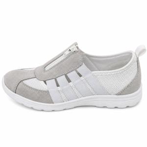 Soft Comfort ljusgrå komfortsko i sidoprofil med dragkedja framtill, elastiska sidoremmar, ventilerande mesh och vit stötdämpande sula mot vit bakgrund.