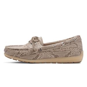 Tamaris Comfort loafers i beige läder med ormskinnsmönster, dekorativ snörning och bekväm rymlig passform.