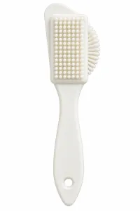 Vit TOUCH-rengöringsborste sedd från baksidan med täta vita borst, ergonomiskt handtag och upphängningshål mot vit bakgrund.
