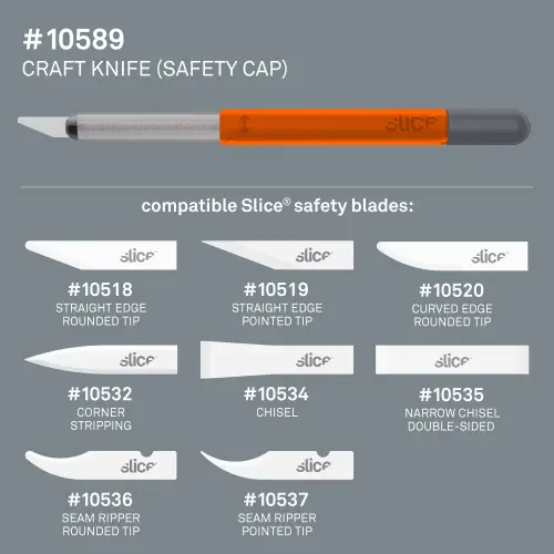 Slice 10589 craft knife with compatible knife blades 10518, 10519, 10520, 10532, 10534 10535 10536 10537