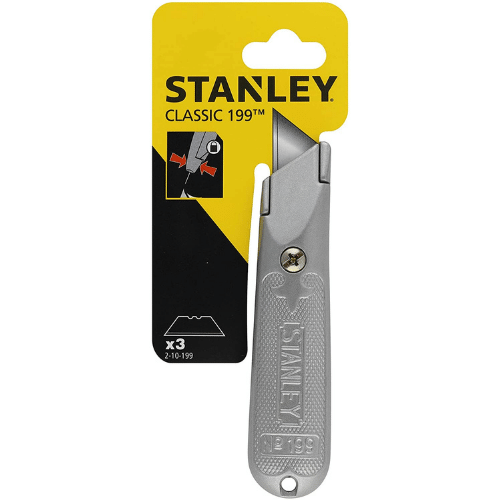 Stanley 199E grey utility knife with a ribbed handle in a package