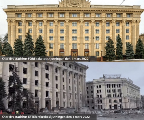stöd ukraina - stadhus Kharkiv innan och efter den ryska invasionen, den 1 mars 2022