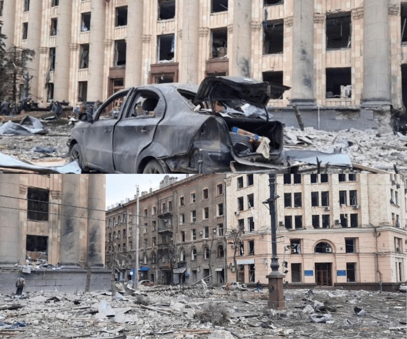 city hall Kharkiv before and after the russian invasion, on March 1, 2022