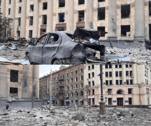 stadhus Kharkiv innan och efter den ryska invasionen, den 1 mars 2022