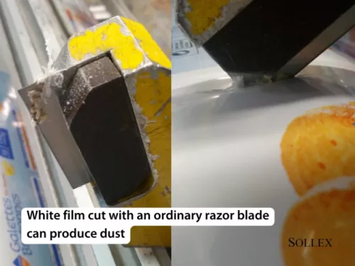 5. Dust formation - white film cut with an ordinary razor blade can produce dust - Sollex blog