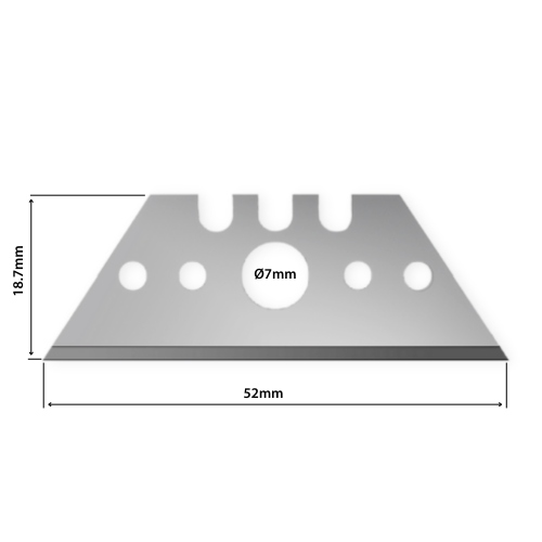 Mått på Sollex trapetsblad 9H 52mm med stort hål Ø7mm för säkerhetsknivar och maskiner för industriellt bruk