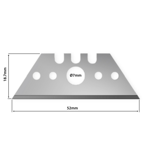 Dimensions de la lame trapézoïdale Sollex 9H 52 mm avec grand trou pour couteaux de sécurité et machines à usage industriel