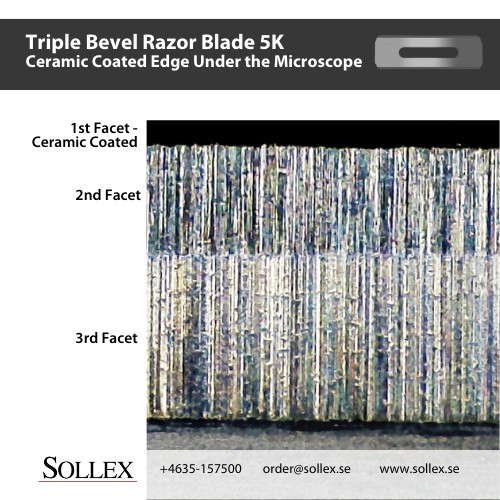 Ceramic Coated Edge Under the Microscope Sollex Triple Bevel Razor Blade 5K for Plastic Film Slitter