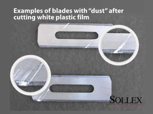Examples of blades with “dust” after cutting white plastic film - Sollex blog