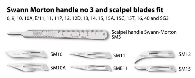 Swann Morton scalpel handle  #4 and scalpel blades that fit it SM10, 10A, 11, SME11, 12, 15