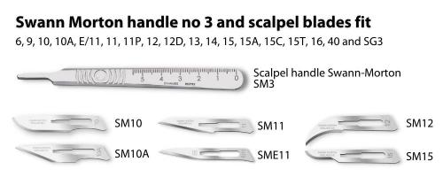 Swann Morton scalpel handle  #4 and scalpel blades that fit it SM10, 10A, 11, SME11, 12, 15