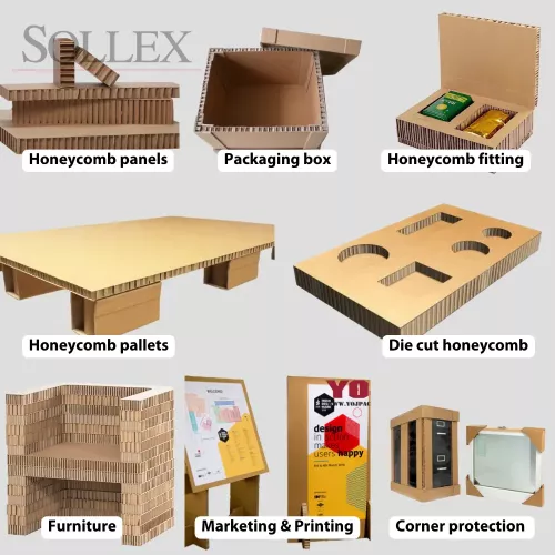 Honeycomb cardboard products: flat panels, packaging boxes, fittings, pallets, die-cut, signs, corner protections - Cut honeycomb with Sollex knives