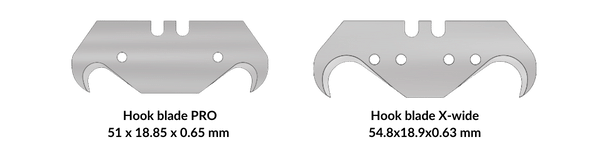 Picture: The standard size of a hook blade is 51mm long. An "extra wide" hook blade is 55mm long to be able to cut extra thick carpets