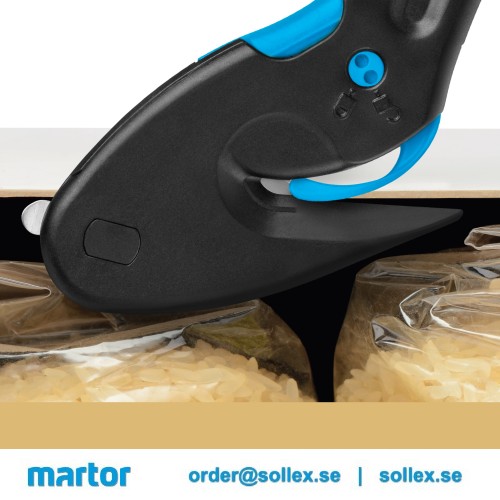 Martor Secumax Easysafe säkerhetskniv skär och öppnar säkert tejpad kartong - Sollex