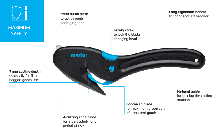 Caractéristiques et description du couteau de sécurité Martor Secumax Easysafe - Sollex