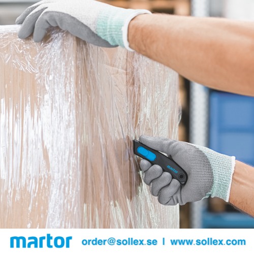 Martor Secunorm Smartcut 110000 safety knife cuts plastic wrap film packaging - Sollex