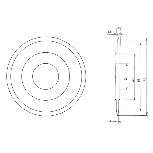 Cirkelkniv P831 Ø76mm 30° för krossskärning av flexibla material - Ritning - Sollex