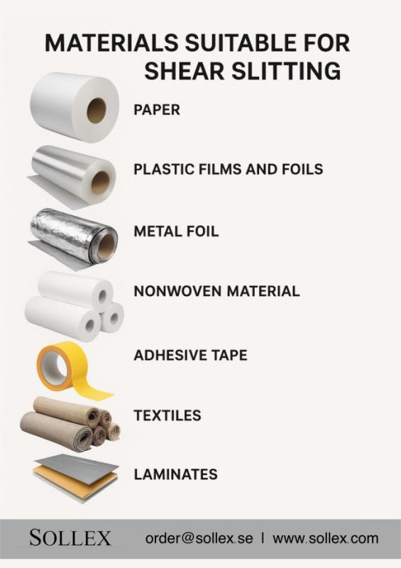 Materials to process and convert with shear cutting method: paper, plastic film, foil, tape, nonwoven, textiles, laminates - Sollex
