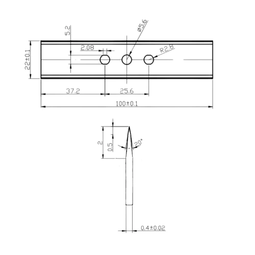 Industrial razor blade in solid tungsten carbide with 3 holes extra long 100mm - dimensions - Sollex