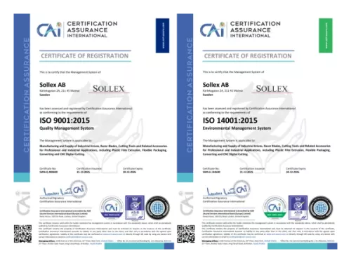 Sollex ISO 9001 and 14001 certifications