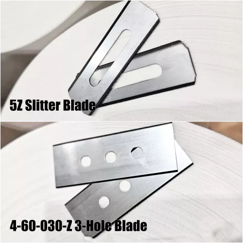 5Z Slotted slitter blades (57 x 19 x 0.40mm)  and 4-60-030-Z 3-hole industrial razor blade ( 60 x 22 x 0.30mm) with Zero-friction coating for a clean and even cut