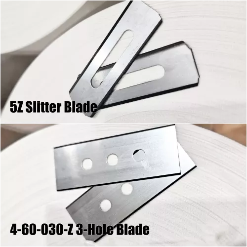 5Z Slotted slitter blades (57 x 19 x 0.40mm) and 4-60-030-Z 3-hole industrial razor blade ( 60 x 22 x 0.30mm) with Zero-friction coating for a clean and even cut