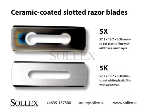 Sollex Ceramic-coated slotted razor blades 5K and 5X for slitter rewinders and converting machines
