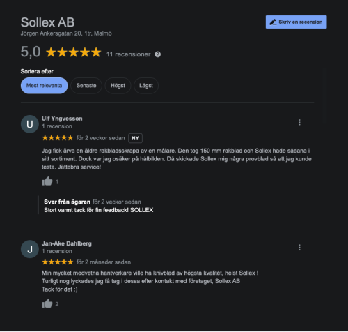Sollex omdömen Google reviews 2021 5,0 score