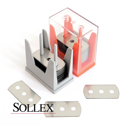 Sollex 3-hole blade with rounded corners stainless ceramic coated in the package for cutting plastic film foil