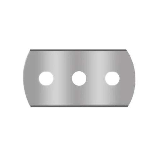 Rounded 3-hole razor blade 0.20mm ceramic-coated to cut white plastic film with additives