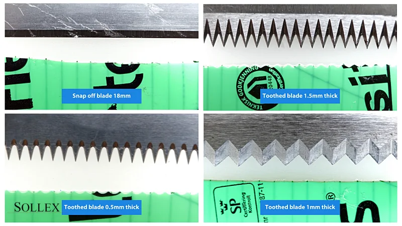 Sollex testlab - Difference in cut line when cutting tape with a snap off blade and serrated blades