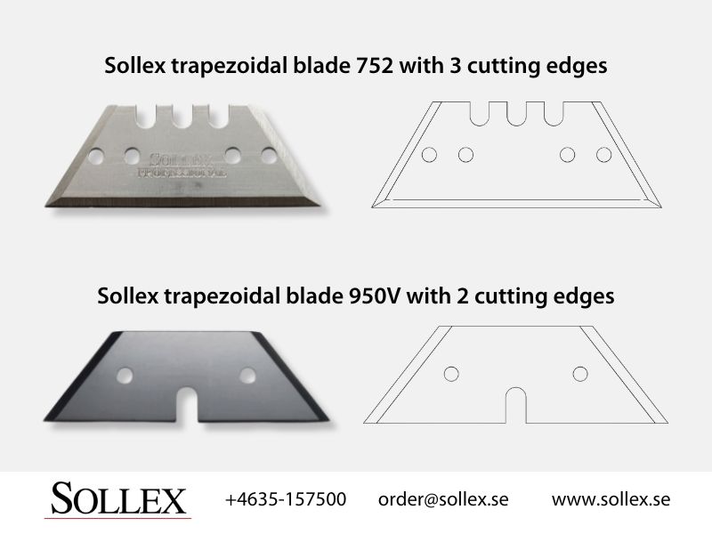 Sollex speciella trapetsformade knivblad med 2 och 3 skäreggar för industriell användning i skärmaskiner