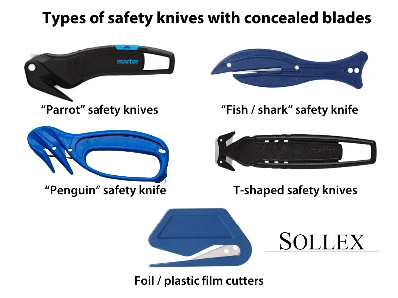 Safety knives with concealed blades: “Parrot” safety knives, “Fish / shark” safety knife, “Penguin” safety knife, T-shaped safety knives, Bag cutters, Foil / plastic film cutters