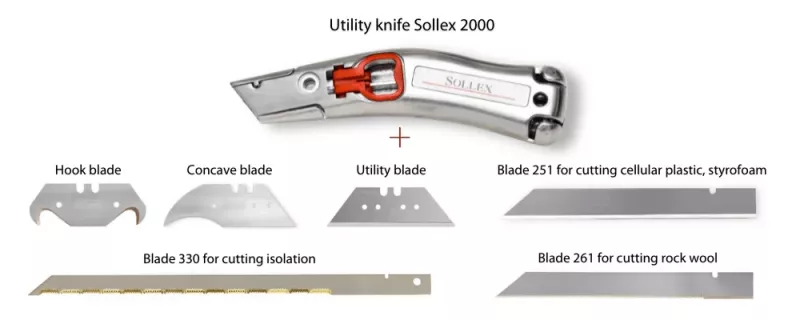 Sollex byggkniv 2000 + passande knivblad: krokblad, halvmåneblad, verktygsblad, långa knivblad