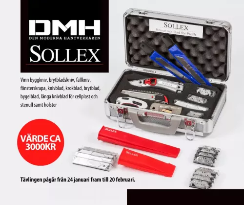 Vinn Sollex ultimata knivkitt som innehåller byggkniv, brytbladskniv, fällkniv, fönsterskrapa, knivblad, krokblad, brytblad, bygelblad, långa knivblad för cellplast och stenull samt hölster - DMH korsord