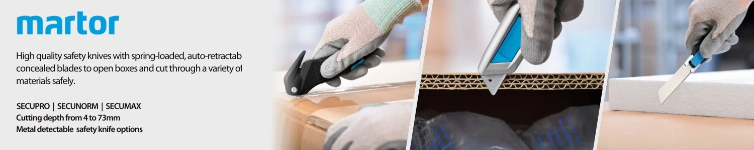 Couteaux de sécurité Martor avec lames semi-automatiques, entièrement rétractables et dissimulées pour ouvrir les boîtes et couper en toute sécurité une grande variété de matériaux souples - Sollex