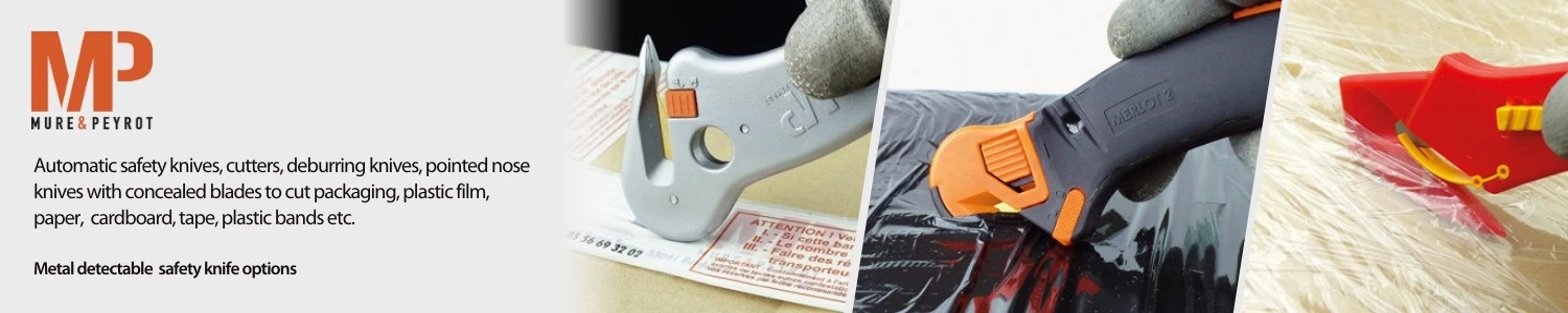 Couteaux de sécurité automatiques, cutters, couteaux à ébavurer, couteaux à pointe fine avec lame dissimulée Mure et Peyrot pour couper les emballages, les films plastiques, le papier, le carton, le ruban adhésif - Sollex