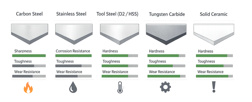 Comparaison entre les nuances d'acier Sollex, le carbure de tungstène et la céramique