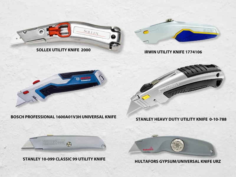 Sollex, Stanley, Irwin, Bosch, Hultafors utility knife examples