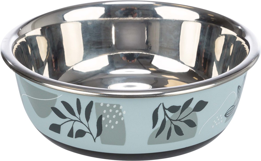Trixie Skål är rostfri med plastlegering i dekorativ blå/grå färg med mönster. Skålen är halkfri tack vare gummibotten, vilket gör att skålen står stadigt.