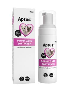 Aptus® Derma Care Soft Wash, en mousse med flera egenskaper: Extra milt rengörande, återfuktar huden samt bidrar till att stärka hudbarriären. pH ca 7.